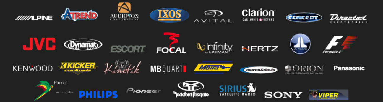 A collection of car stereo brand logos including Alpine, ATrend, AudioWon, Ixos, Avital, Clarion, Concept, Directed, JVC, Dynamat, Escort, Focal, Infinity, Hertz, Formula 1, Kenwood, Kicker, Kinetik, MBQuart, Metra, Myron & Davis, Orion, Panasonic, Parrot, Philips, Pioneer, Sirius, Sony, and Viper.