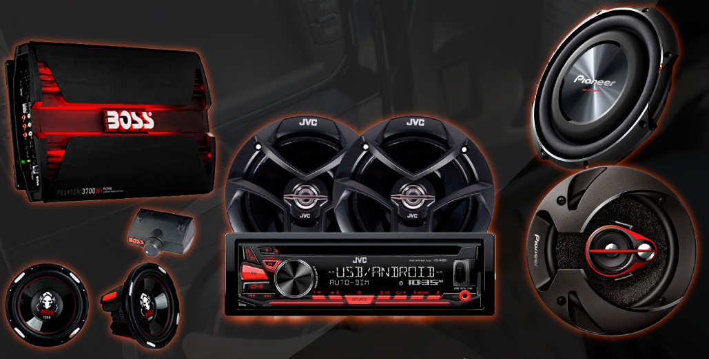 A graphic displaying several different types of car speakers, along with a JVC car radio