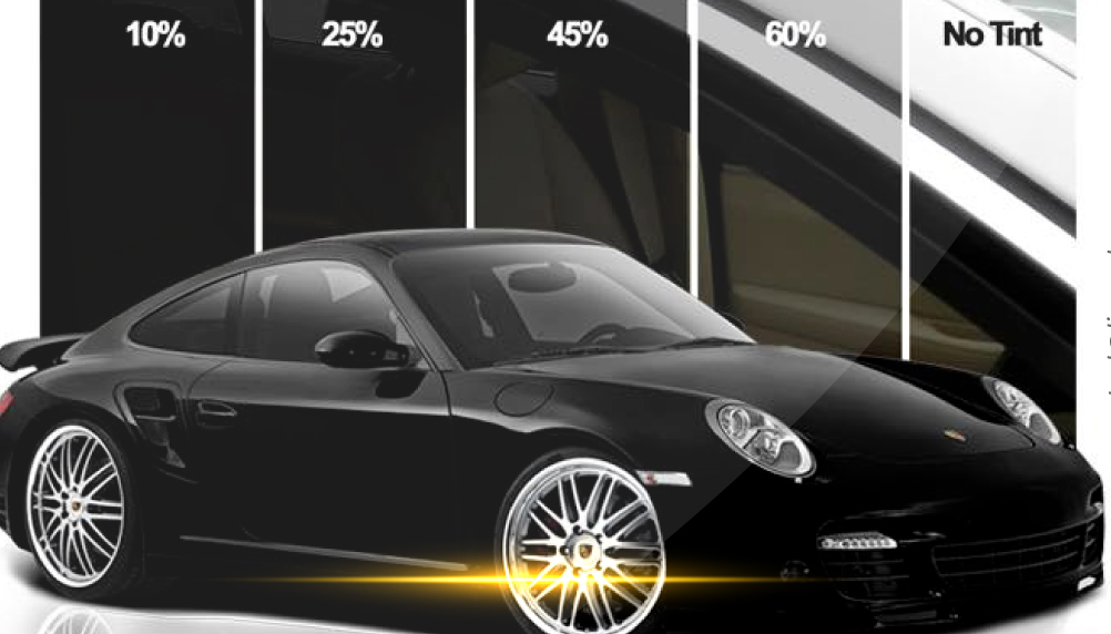A graphic with a black sports car and several different shades of window tint